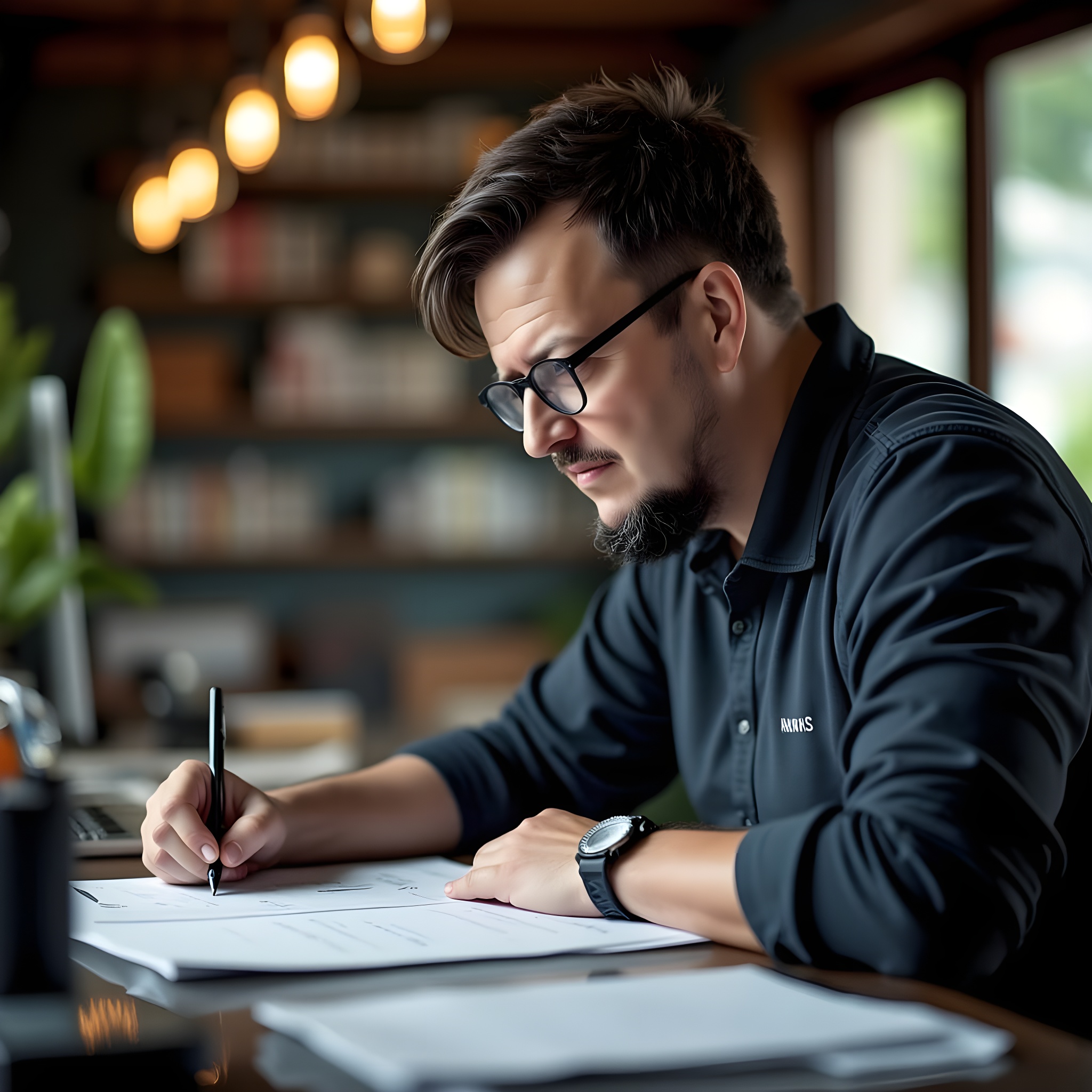 Thomas Alexander Kolbe, a man with short, dark hair, glasses, and a well-groomed beard is seated at a desk, writing with a pen on paper. He is wearing a black long-sleeved shirt and a wristwatch. His expression is focused as he leans slightly forward. The background features a warmly lit room with hanging lights, bookshelves, and a large window that lets in natural light, creating a cozy and studious atmosphere.